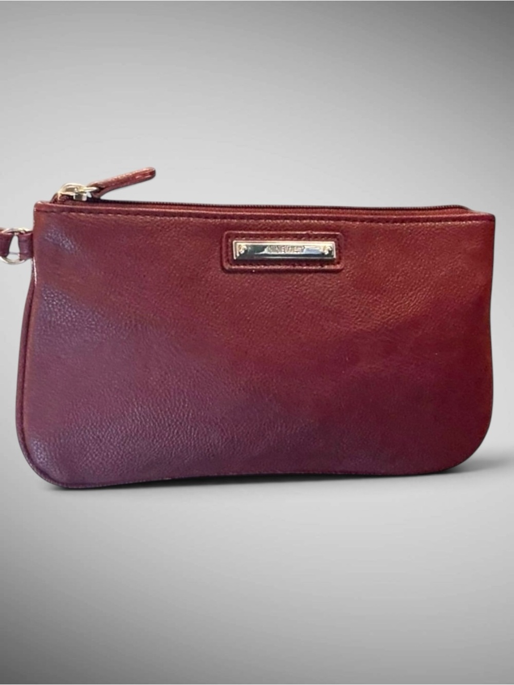 Nine West Brown Faux Leather Zip Wristlet Clutch Wallet Pouch 9.5”